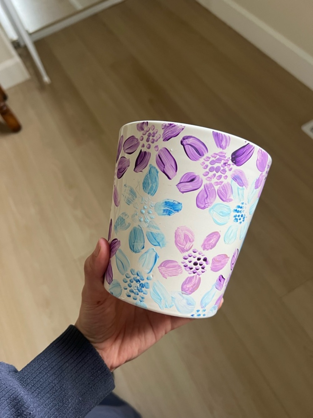 Hand-Painted Floral Ceramic Planter in Purple & Blue